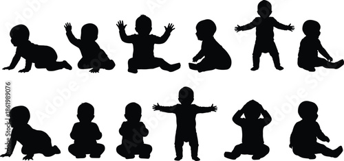 Baby silhouette set showing crawling, sitting, standing poses, infant growth stages collection illustration isolated on white background