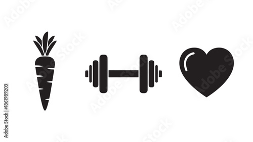 Healthy Lifestyle Icons Set in Simple Flat Design with Black Color on White Background for Wellness and Fitness