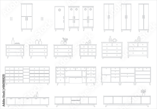 Collection of detailed architectural drawings of various modern furniture pieces