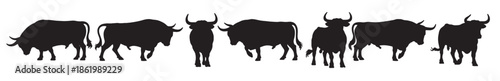 six silhouettes of powerful spanish bulls