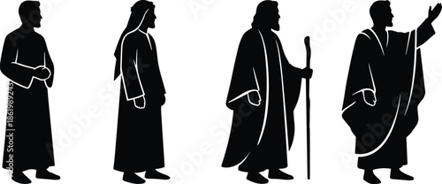 Biblical figures silhouettes walking and teaching, Jesus Christ apostles scenes, believe faith illustration isolated on white background design art vector