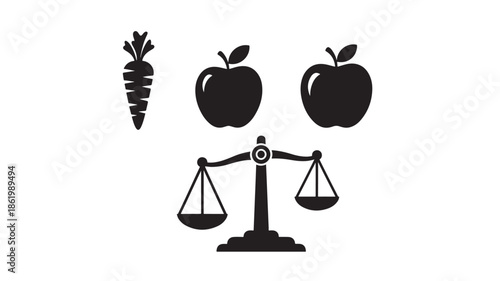 Balanced Fruits and Vegetables in Simple Silhouette on White Background with Equal Weight Distribution for Health