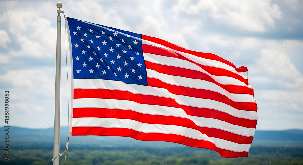 Fototapeta premium American flag waving in wind with cloudy sky background