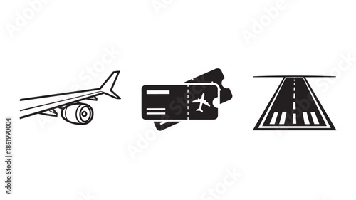 Airplane, Ticket, and Runway Icons in Simple Monochrome Style with Clean Lines for Travel and Transportation Design