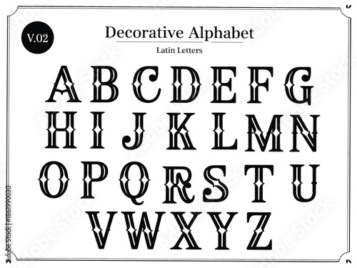 Black and white decorative alphabet font in vintage ornate style, complete vector set of Latin letters for typography, lettering design, retro branding, elegant text decoration, and creative graphic