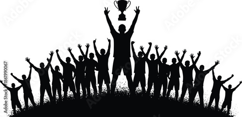 Silhouette team celebrating victory with trophy, leadership success concept, unity achievement crowd cheering champions business sports motivation illustration goal triumph