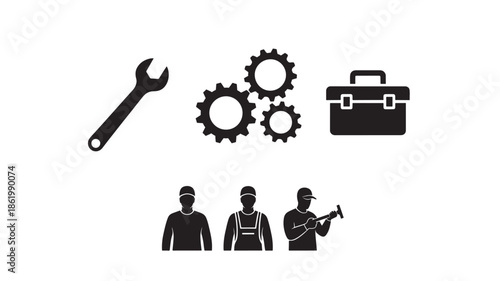 Maintenance Team Silhouettes with Toolbox and Gears in Simple Monochrome Design for Industrial Use