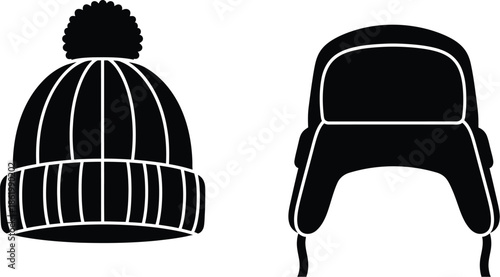 Two winter hats in black silhouette on transparent background