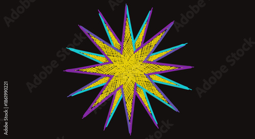 A striking abstract starburst design with vibrant yellow, purple, and blue textured lines radiating outwards against a dark background, perfect for modern graphic elements.