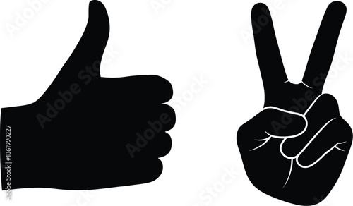Two hands making gestures a thumbs up and peace sign on transparent background silhouette