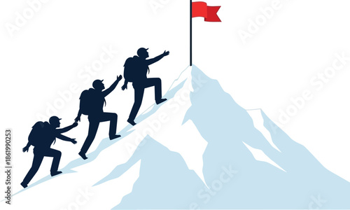 Team ascending a mountain peak with a red flag on transparent background silhouette