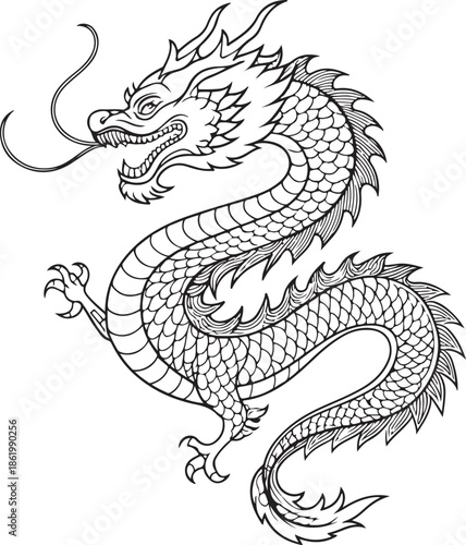 Chinese New Year dragon Hand-drawn Sketch Drawing Vector Illustration, Line Linear Symbol Engraving Coloring Book, Black and White Isolated