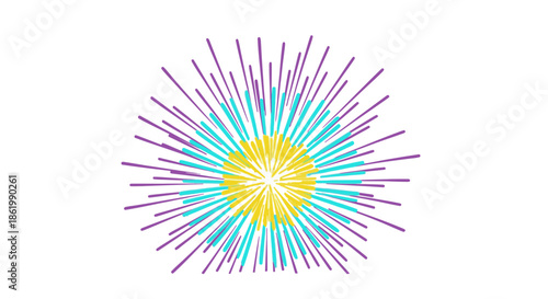 A vibrant abstract explosion of colorful lines radiates outwards from a bright yellow core, symbolizing energy, celebration, and dynamic movement.