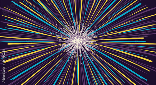 A dynamic abstract background features a bright central explosion of light, with colorful lines radiating outwards in a vibrant starburst pattern.