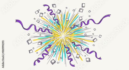 A vibrant hand-drawn illustration captures a dynamic confetti burst with colorful lines, flowing ribbons, and scattered shapes, perfect for festive celebrations.