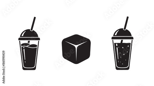 Boba tea drinks in minimalist illustration style with black and white color scheme on transparent background for beverage advertising