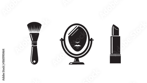 Makeup Brush, Mirror, and Lipstick in Simple Monochrome Design on White Background for Beauty and Cosmetics Advertising