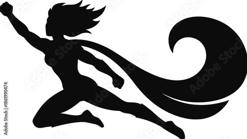 Superhero silhouette flying forward with cape, female power concept, strength courage freedom fantasy action illustration design heroism leadership success motivation