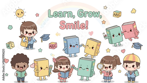 Children and book characters learn grow smile together happily outdoors