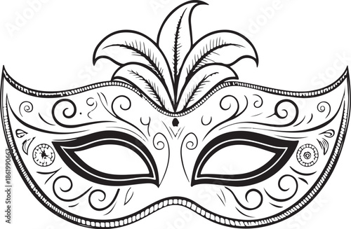 Eye Party Mask with Feathers (Masquerade)Hand-drawn Sketch Drawing Vector Illustration, Line Linear Symbol Engraving Coloring Book, Black and White Isolated