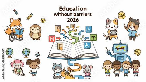 Children learn together with technology and accessibility features in classroom