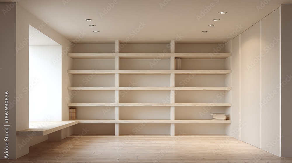 Fototapeta premium Minimalist Empty Room with Built-in Shelves and Natural Light