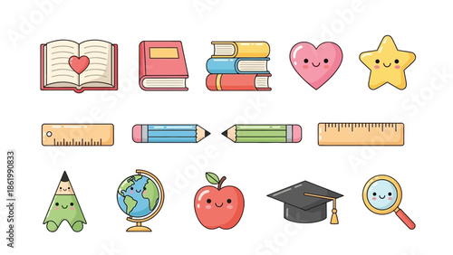 Colorful school supplies and education icons arranged on a white background Image