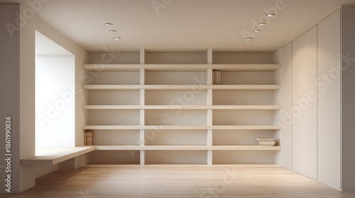 Minimalist Empty Room with Built-in Shelves and Natural Light