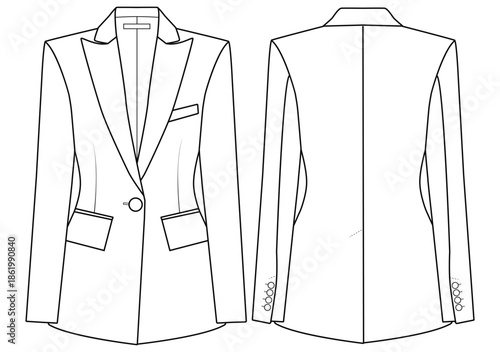Women One Button Blazer Technical Drawing Vector Fashion Flat Illustration Front and Back View