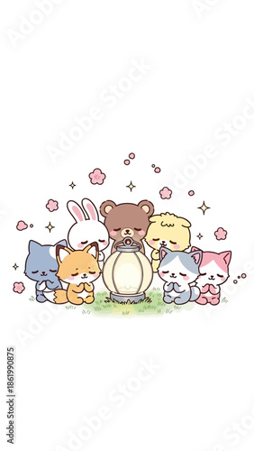 Cute animals gather around a lantern on grass with flowers and stars.