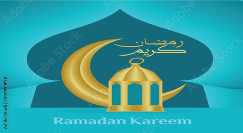 Islamic holiday with crescent moon and lanterns. Islamic holidays on a blue background. Ramadan concept. Flat vector illustration.