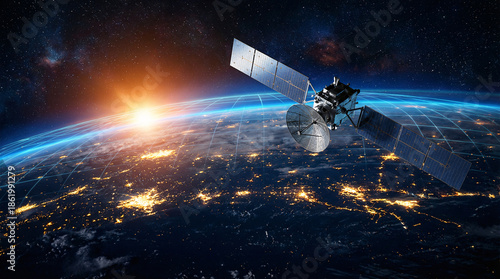 Satellite orbiting earth at sunset with solar panels grid network communication space exploration concept.