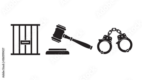 Jail Bars, Gavel, and Handcuffs in Simple Flat Design with Black Color on White Background for Law Enforcement
