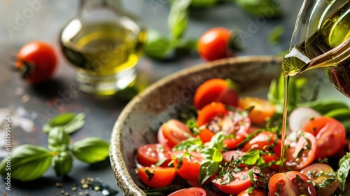 Fresh cherry tomatoes in a bowl with basil leaves. Olive oil is being poured over the salad. The scene is vibrant and healthy, showcasing ingredients for a Mediterranean dish.