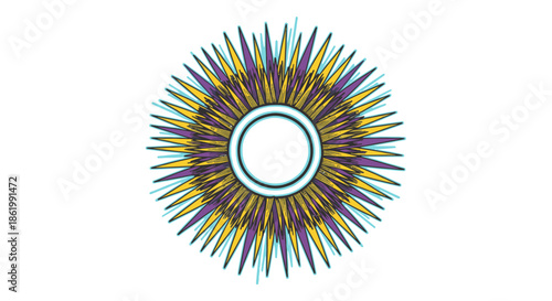 An energetic abstract radial design featuring sharp, spiky purple, yellow, and blue rays emanating from a central white circle, creating a dynamic and vibrant visual.