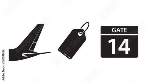Airplane boarding pass with gate number 14 in minimalist design and dark color scheme for travel and transportation