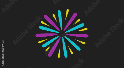 A vibrant abstract graphic burst of purple, yellow, and turquoise rays radiates from a central point on a dark background, symbolizing celebration.