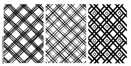 Black and white geometric patterns featuring intersecting lines and shapes, creating a modern and stylish design suitable for various applications and backgrounds
