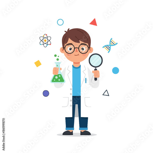 Young scientist kid in lab coat with magnifying glass and beaker, science experiment concept