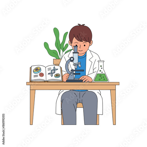 Young scientist boy looking through microscope in lab with book and flask