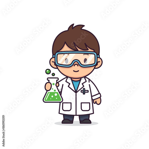 Cute Cartoon Kid Scientist Holding Flask with Green Bubbles, Science Experiment Fun