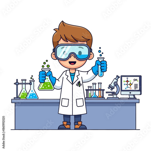 Smiling Young Scientist Boy Holding Test Tubes in Laboratory