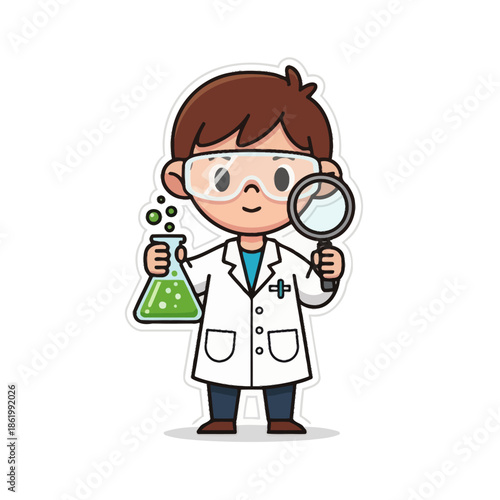 Cute cartoon chemist kid holding a flask with green liquid and magnifying glass, science concept