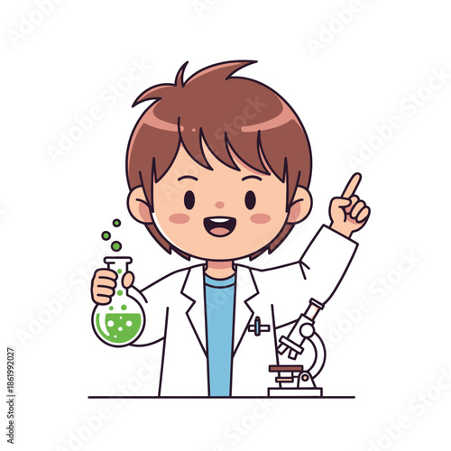 Cute cartoon boy scientist in lab coat holding bubbling flask and pointing finger up with microscope
