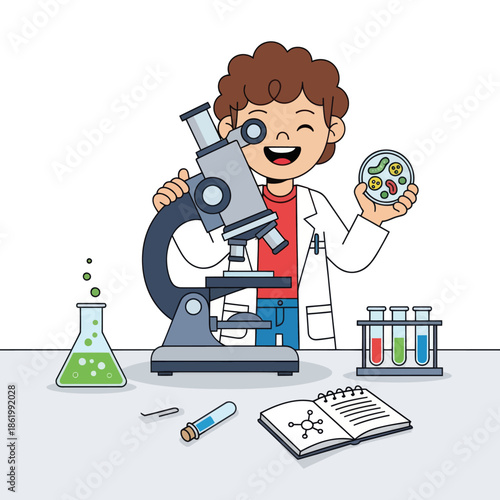 Happy Boy Scientist with Microscope and Petri Dish, Science Lab Equipment