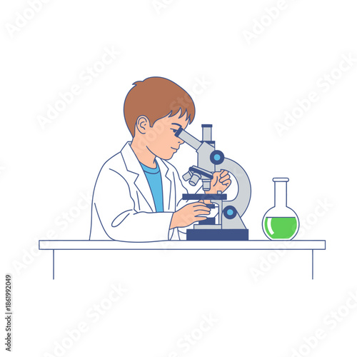 Young boy in lab coat using microscope, science experiment with green liquid in flask
