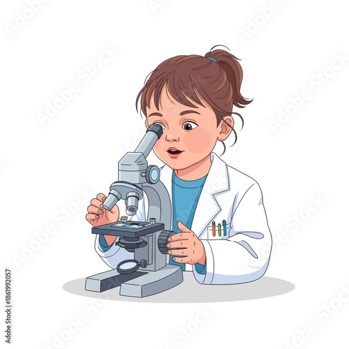 Young girl in lab coat looking through microscope, curious child exploring science, education concept