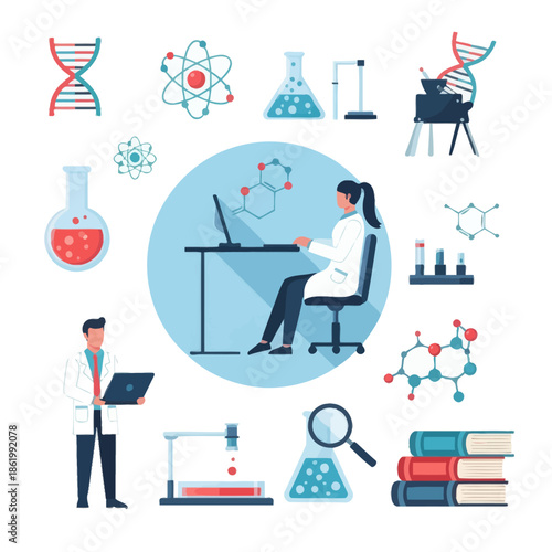 Science Research Laboratory Icons: DNA, Molecules, Scientists, Equipment