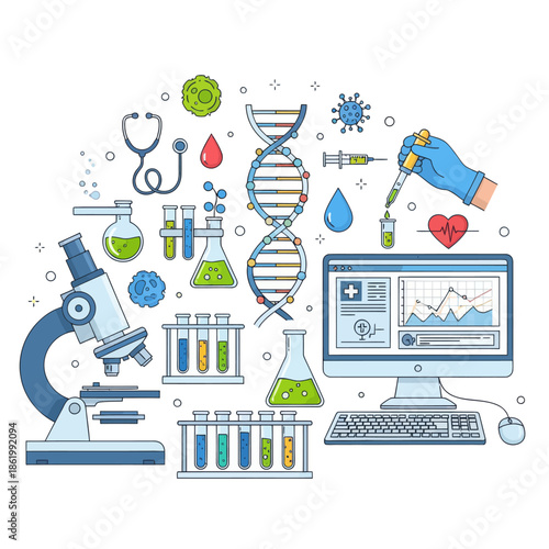 Medical Science and Research Flat Design Icons: DNA, Microscope, Lab Equipment, Computer