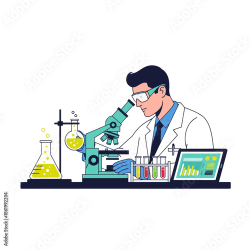 Scientist Examining Sample Under Microscope in Laboratory, Science Research Illustration